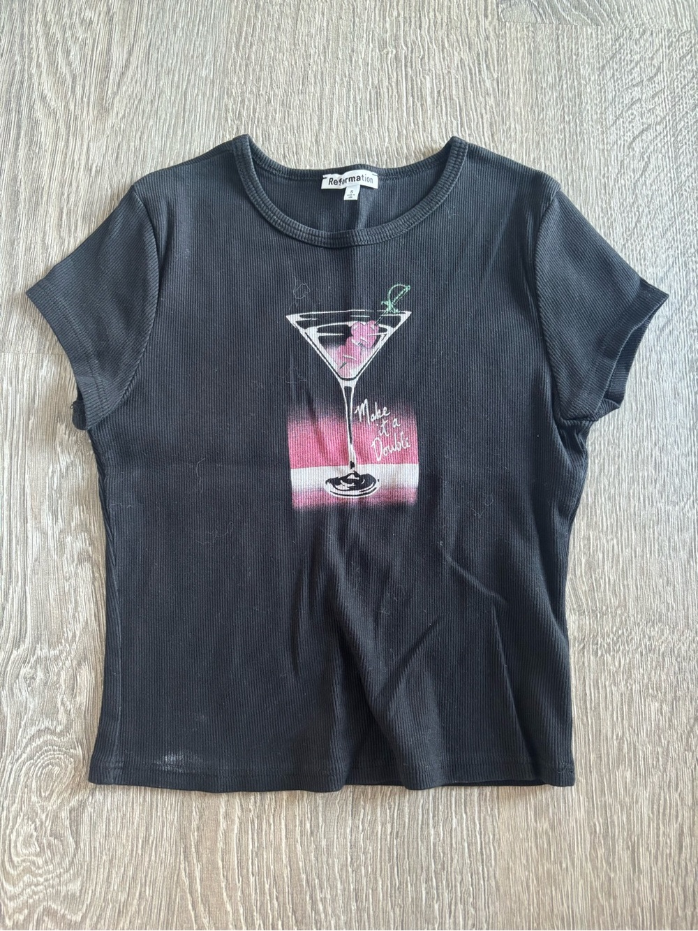 Reformation Black Ribbed Tee with Pink & Green Cocktail Graphic